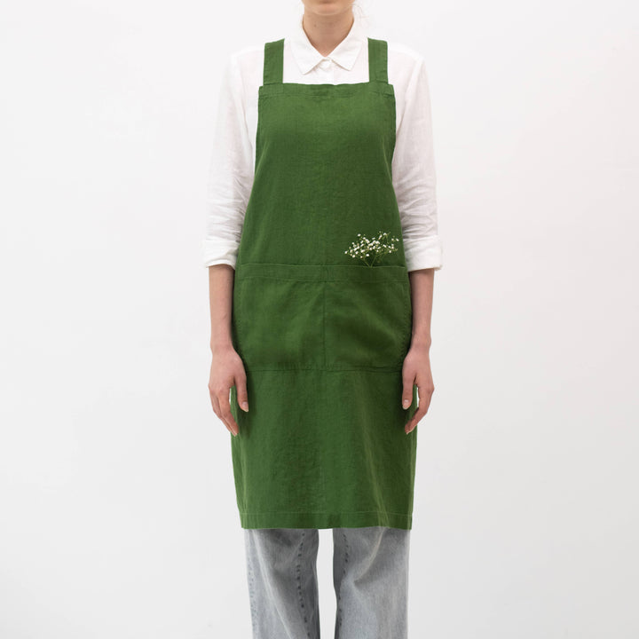 True Green Linen Japanese Crossback Apron