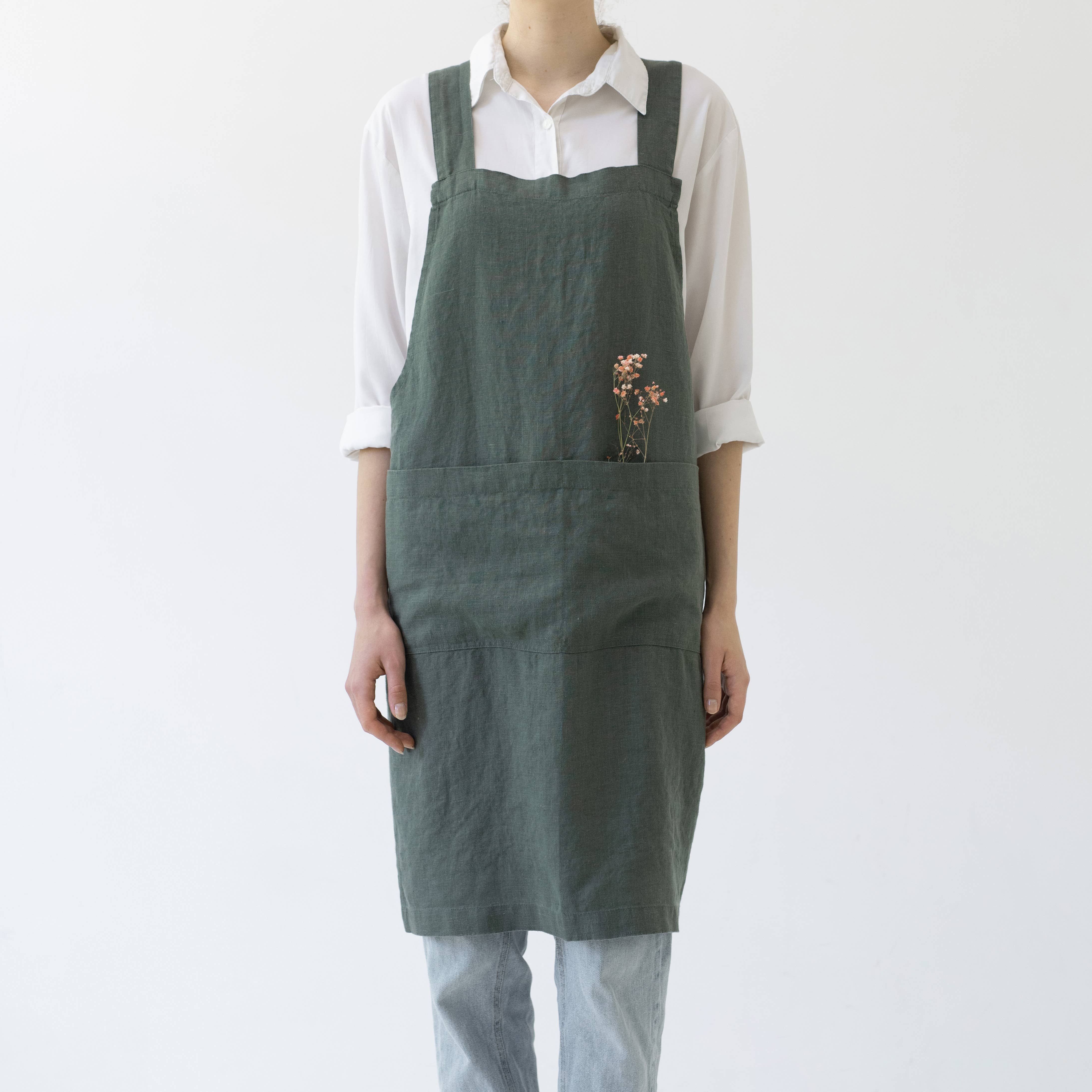 Forest Green Linen Japanese Crossback Apron – Handcraft Revival