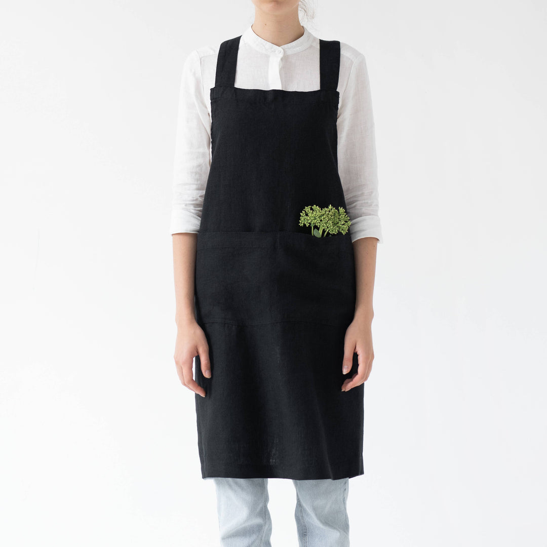 Black Linen Japanese Crossback Apron