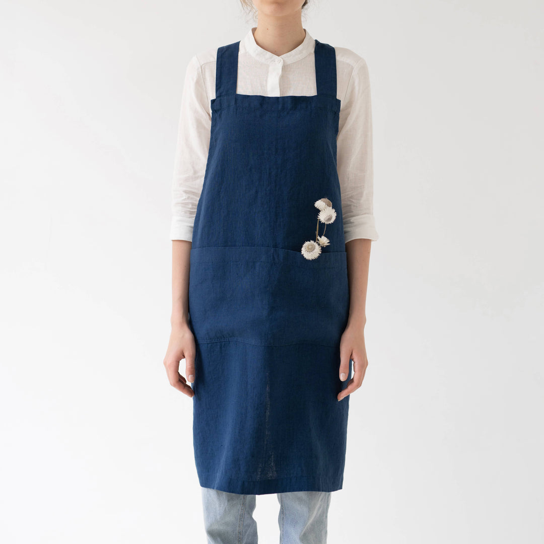 Navy Linen Japanese Crossback Apron