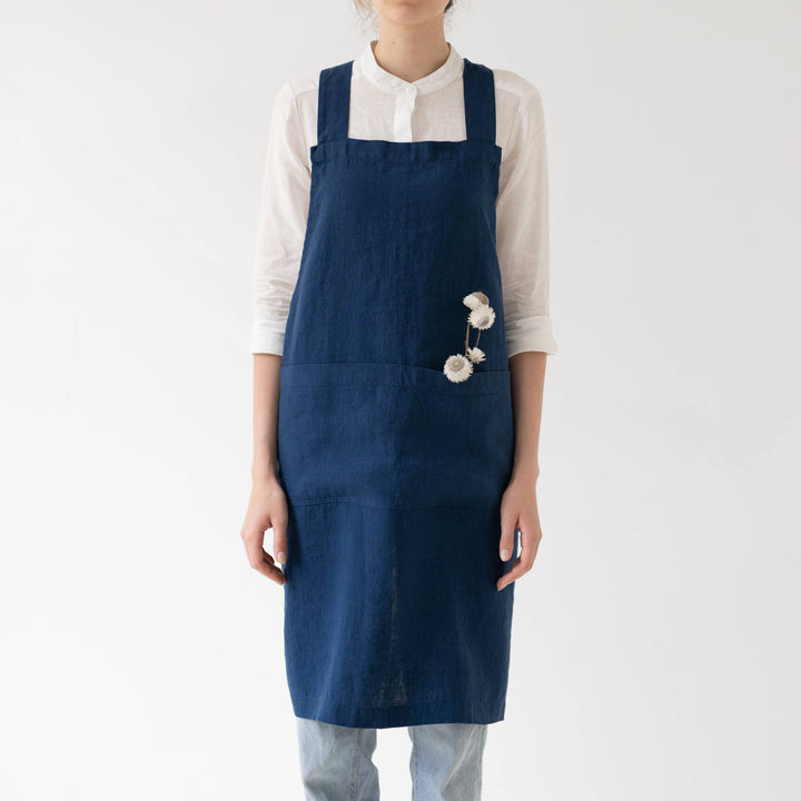 Navy Linen Japanese Crossback Apron