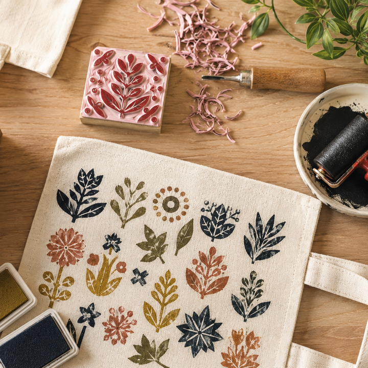 Tabletop with stamping tools, ink pads, and a fabric with floral designs.