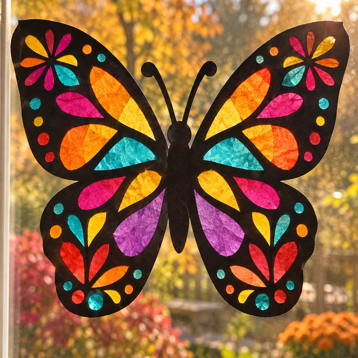 A colorful butterfly-shaped decorative piece with black outlines and stained-glass-style panels in pink, orange, yellow, teal, purple, and red, displayed on a window with a blurred outdoor garden background.
