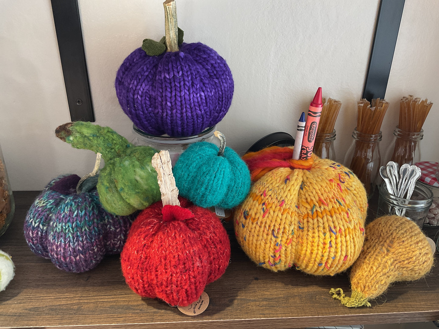 Carole’s hand knit pumpkins