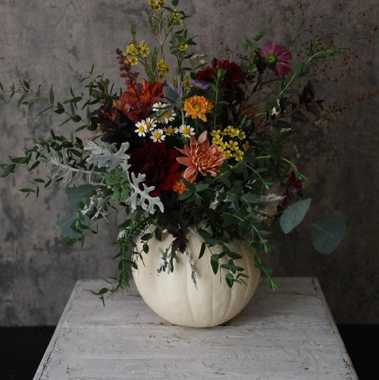 An autumn floral arrangement in a ribbed cream-colored pumpkin vase, featuring a mix of red, orange, yellow, and white wildflowers with green and silver foliage, displayed on a distressed white wooden table against a textured gray wall.