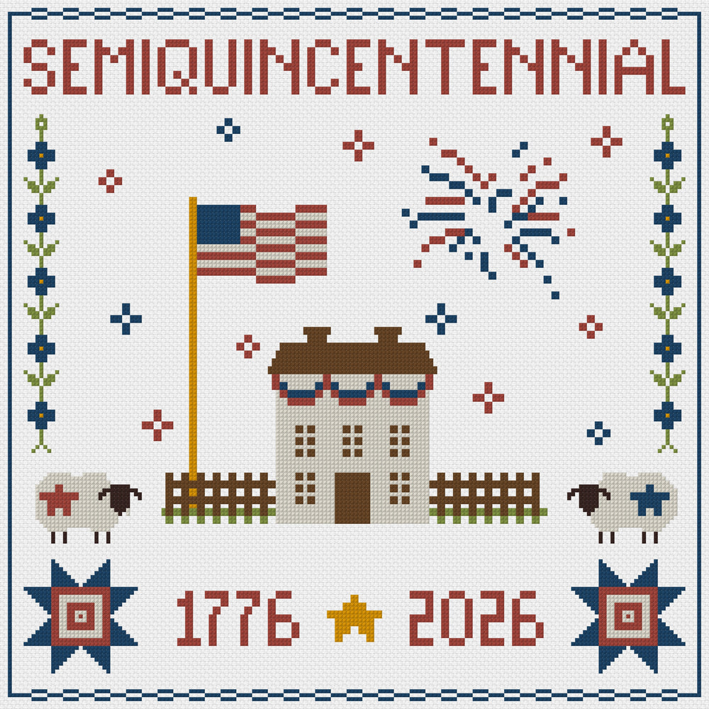 Semiquincenntennial design with American flag, house, sheep, and fireworks on a white background.
