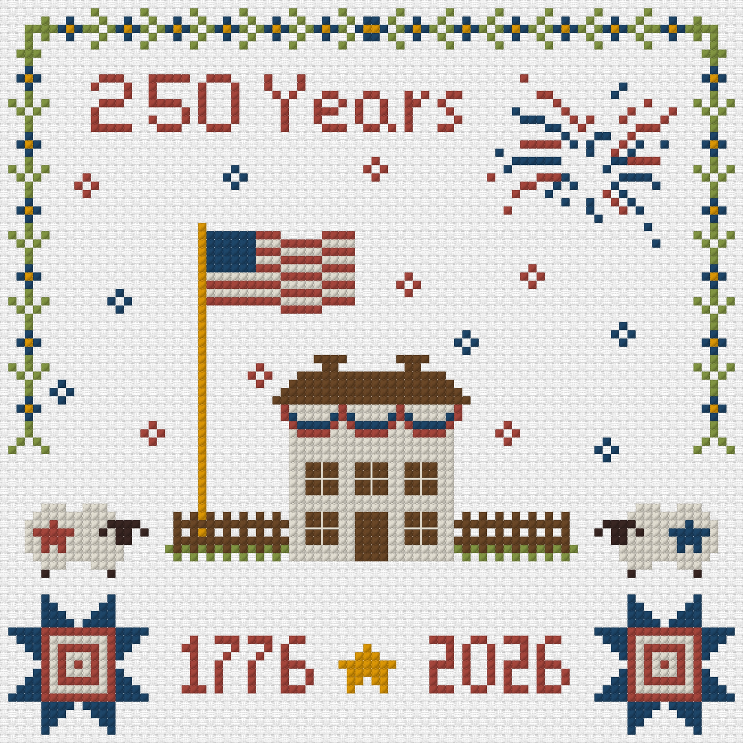 Cross-stitched design celebrating 250 years with an American flag, house, and fireworks.
