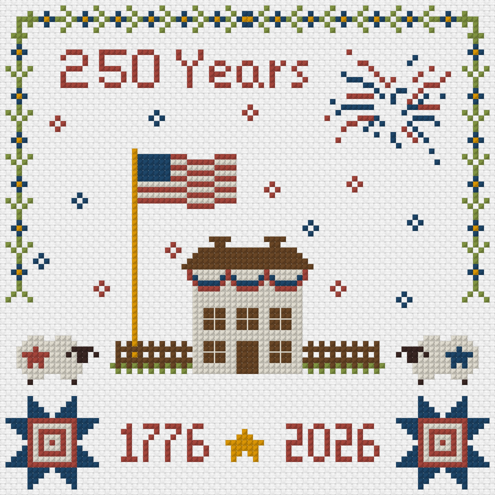 Cross-stitched design celebrating 250 years with an American flag, house, and fireworks.