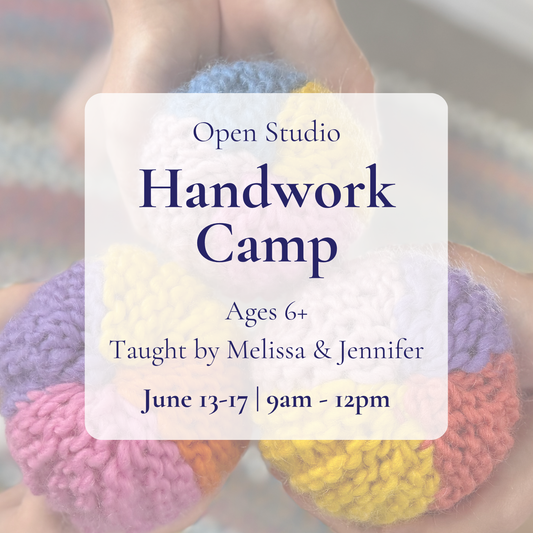 Advertisement for Handwork Camp with colorful knitted items and text overlay.