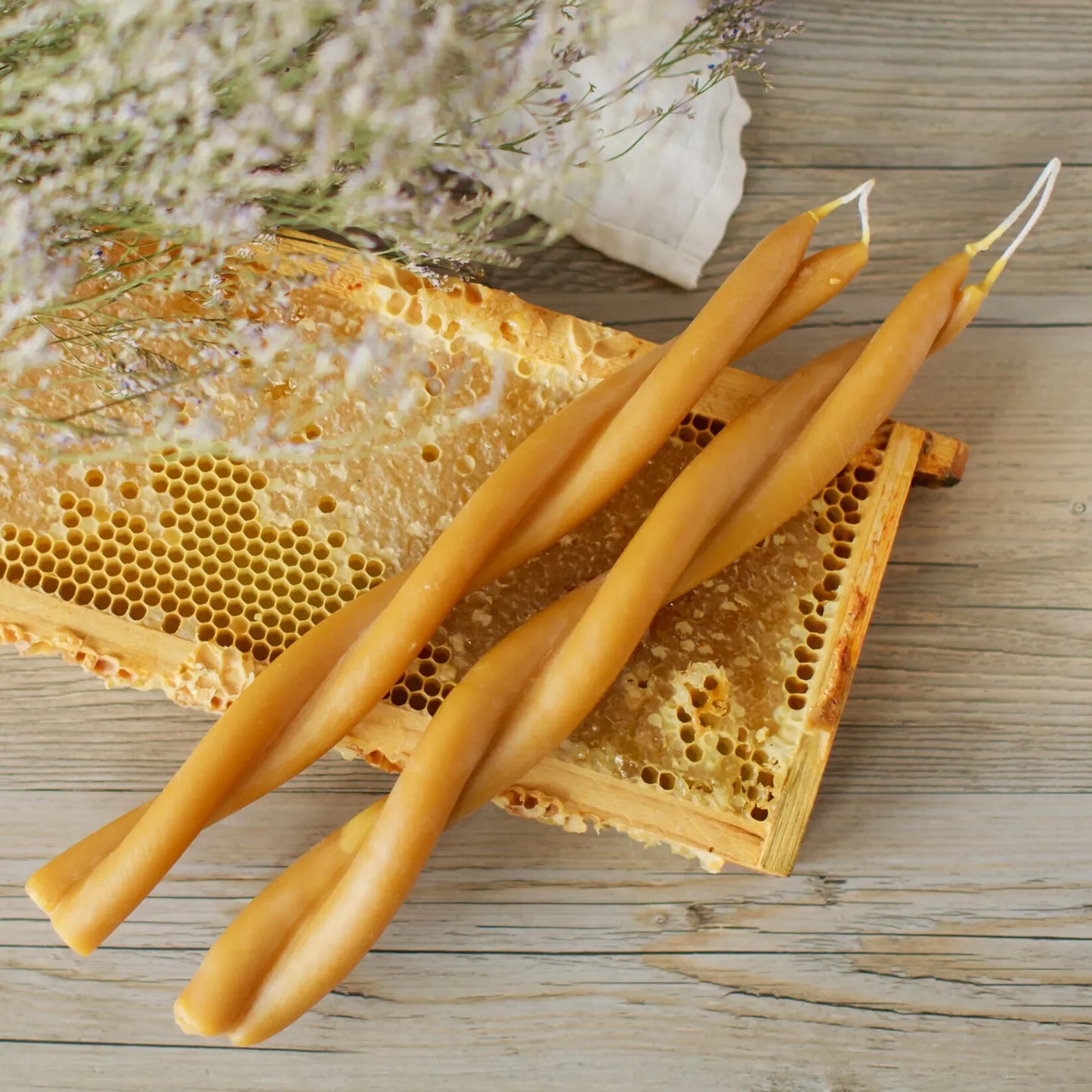 {7/18} Hand-Dipped Beeswax Tapers w/ Apiana Blooms