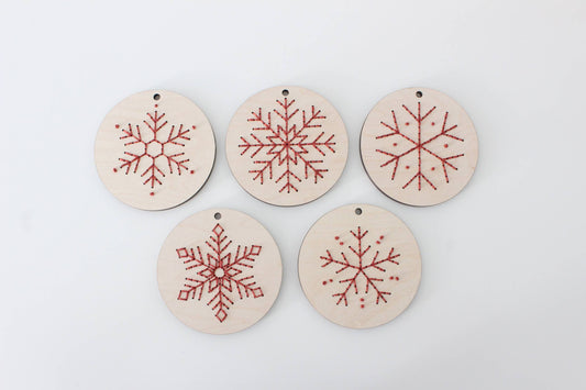 Set of 5 Christmas Snowflake Ornaments DIY Wood Embroidery