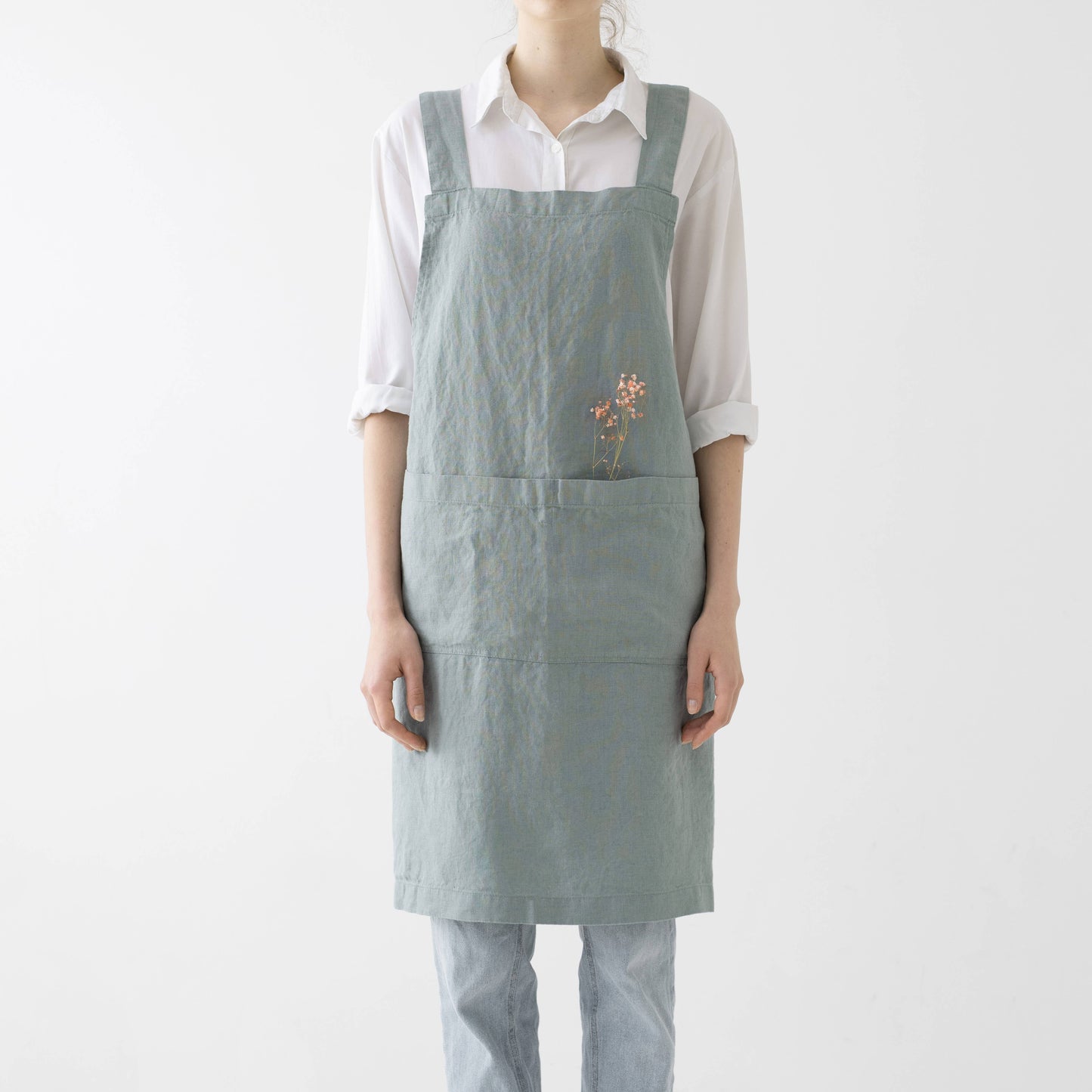 Green Milieu Linen Japanese Crossback Apron