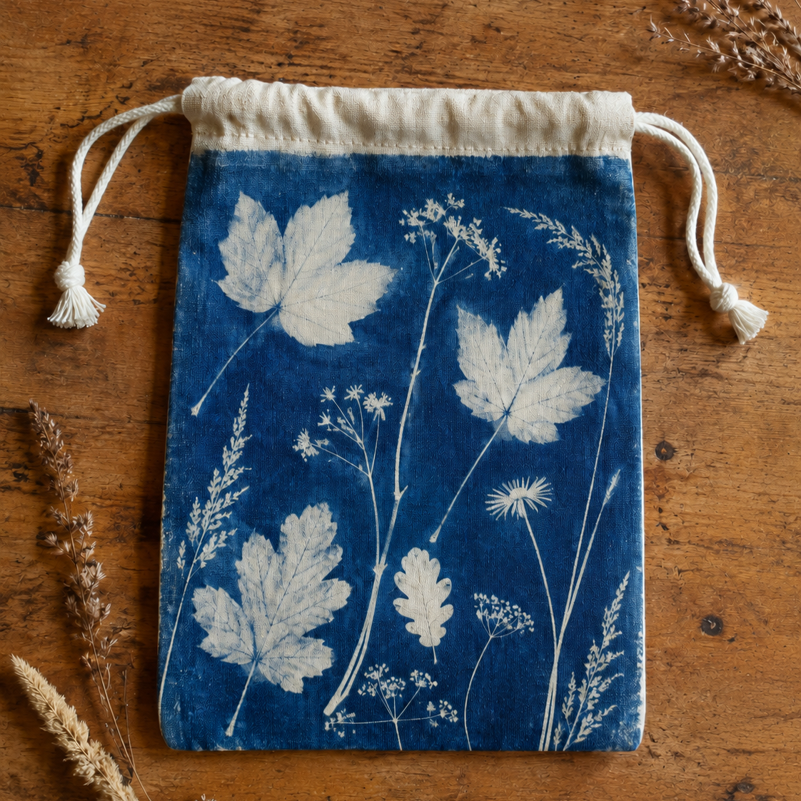 A small fabric drawstring pouch with a blue background and white botanical leaf print, laid flat on a rustic wooden surface with dried grasses around it.