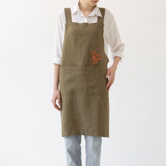 Martini Olive Linen Japanese Crossback Apron