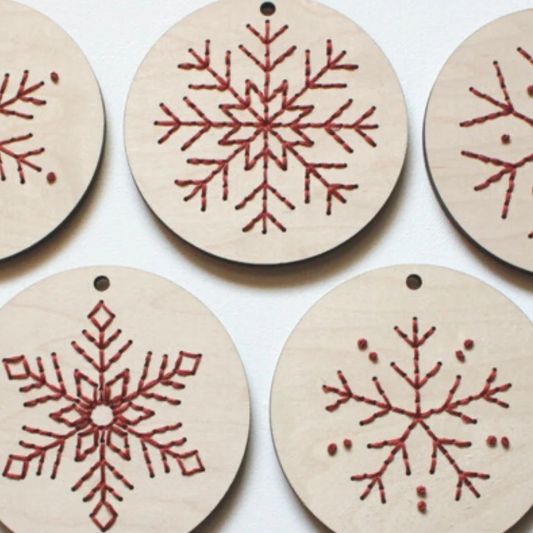Set of 5 Christmas Snowflake Ornaments DIY Wood Embroidery