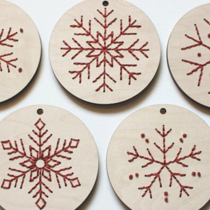 Set of 5 Christmas Snowflake Ornaments DIY Wood Embroidery