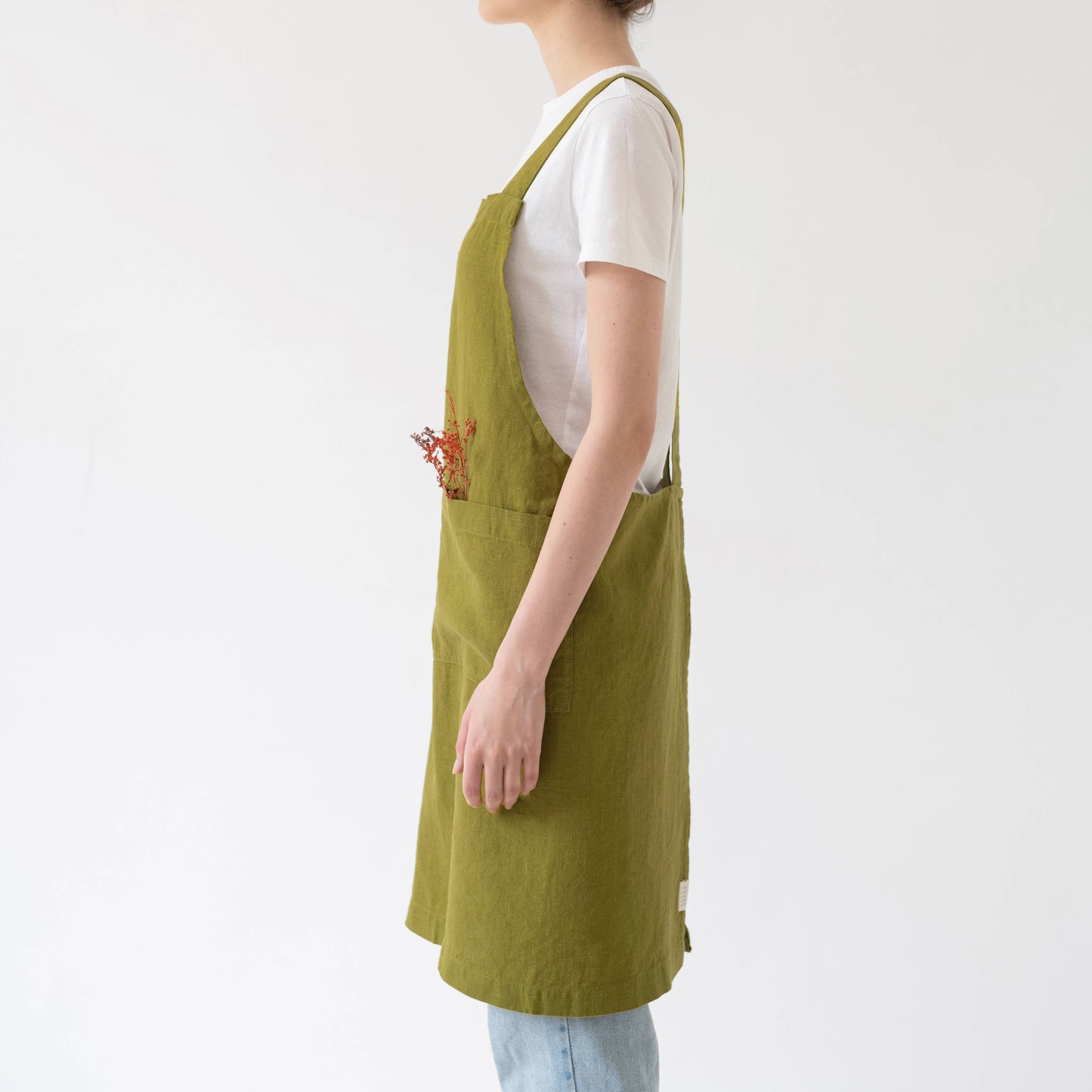 Moss Green Linen Japanese Crossback Apron