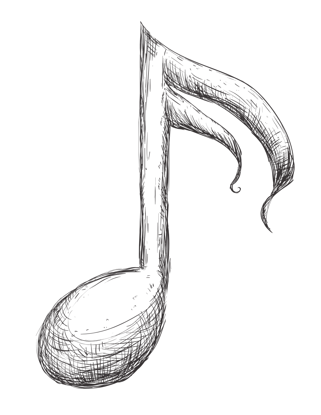 A black and white sketch of a musical eighth note with hand-drawn shading, isolated on a white background.